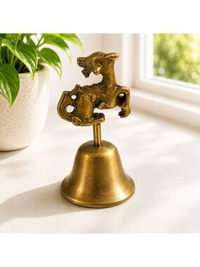 Vintage Brass Dragon Hand Bell 3.5" Tall Decorative Accent With Rustic Finish